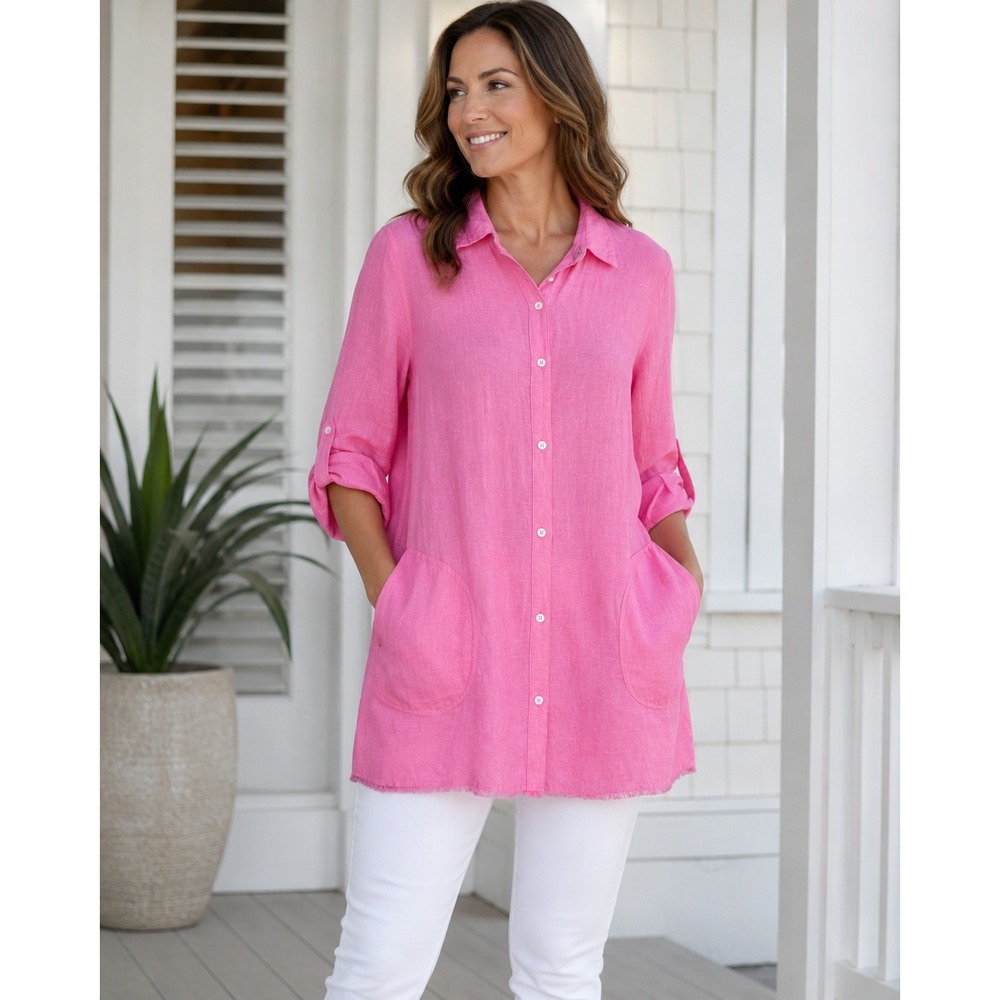 Tommy Bahama Pink Linen Blend Tunic Top Large Roll Tab Sleeve
